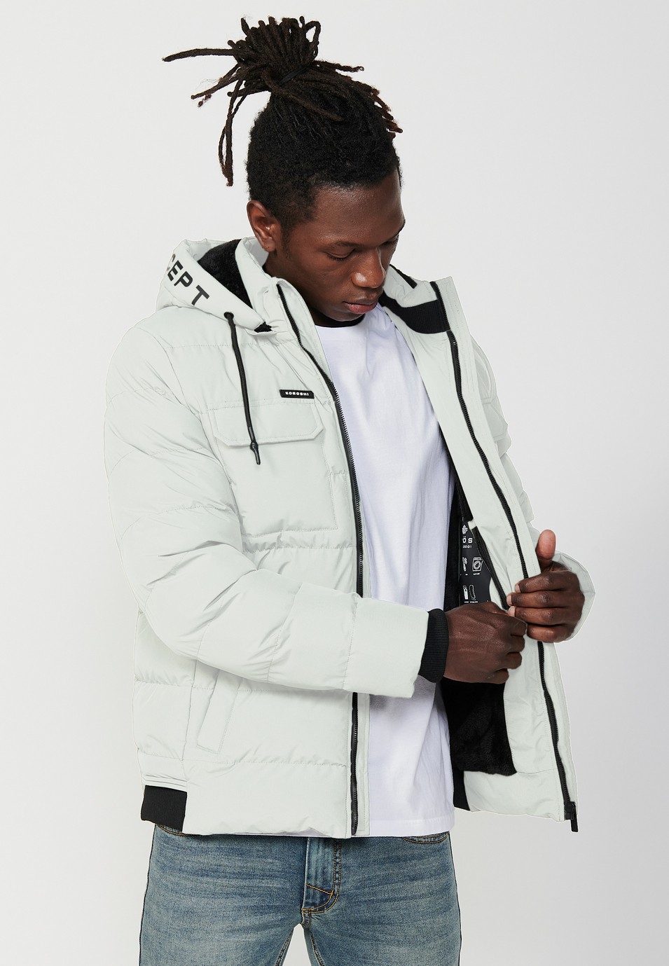 Quilted jacket with hooded collar and front zip closure and pockets in ecru for Men