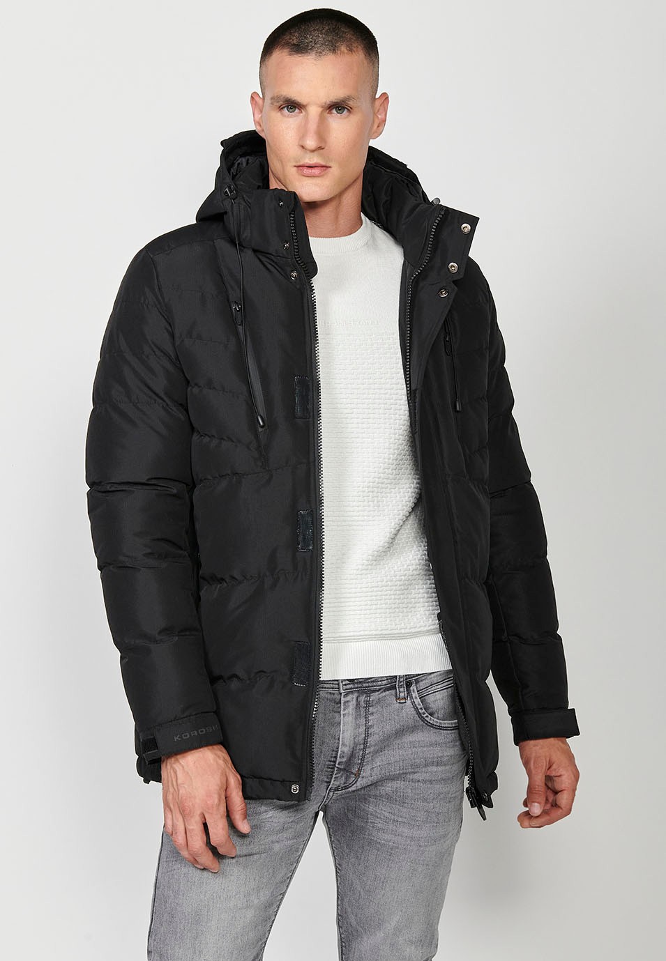 Mens Quilted Hooded Collar Zip Front Closure Jacket in Black 2