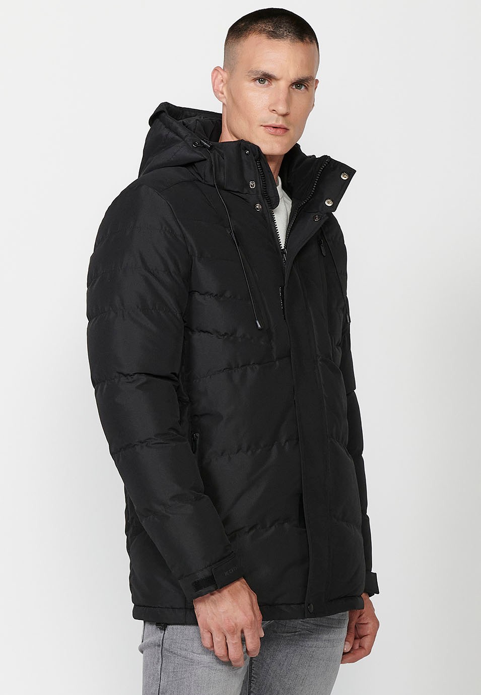 Mens Quilted Hooded Collar Zip Front Closure Jacket in Black 8