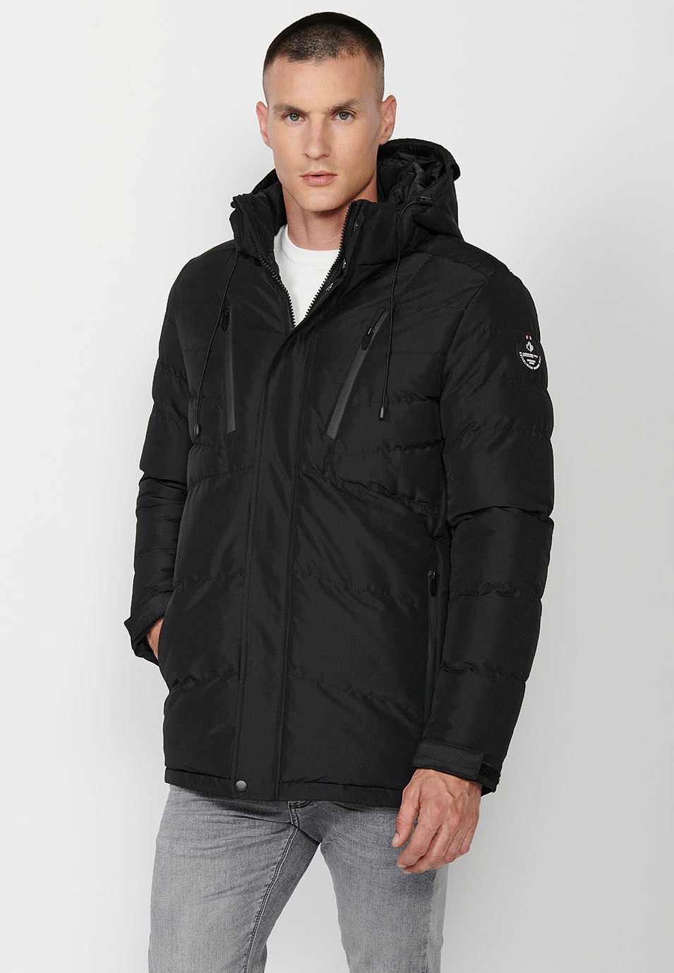 Mens Quilted Hooded Collar Zip Front Closure Jacket in Black 7