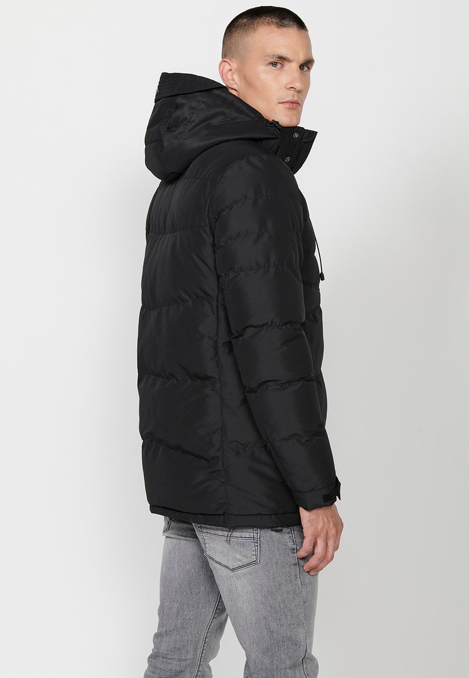 Mens Quilted Hooded Collar Zip Front Closure Jacket in Black 4