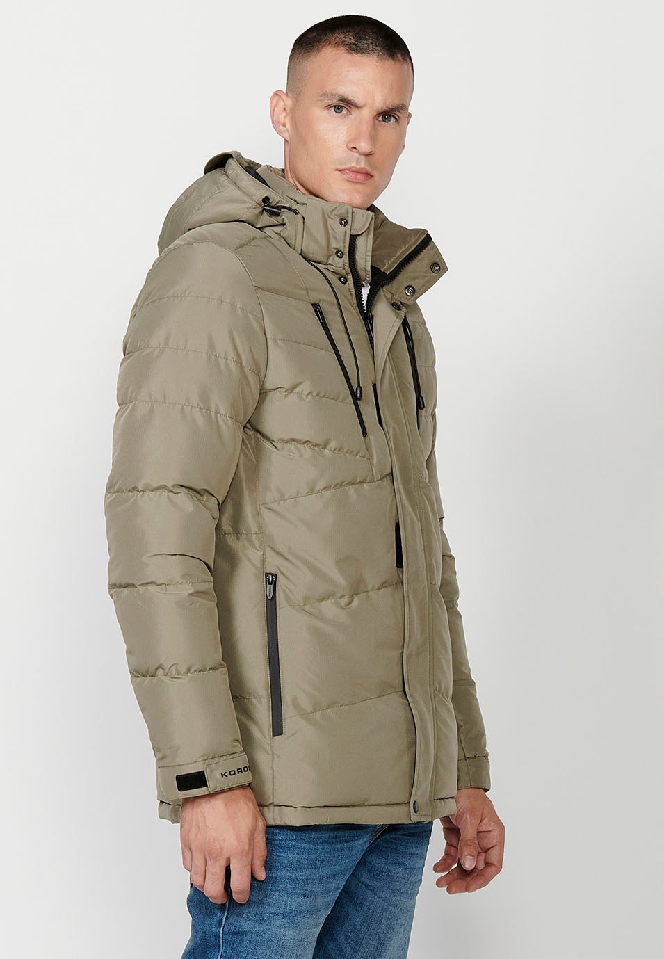 Mens Brown Quilted Hooded Collar Zip Front Closure Jacket