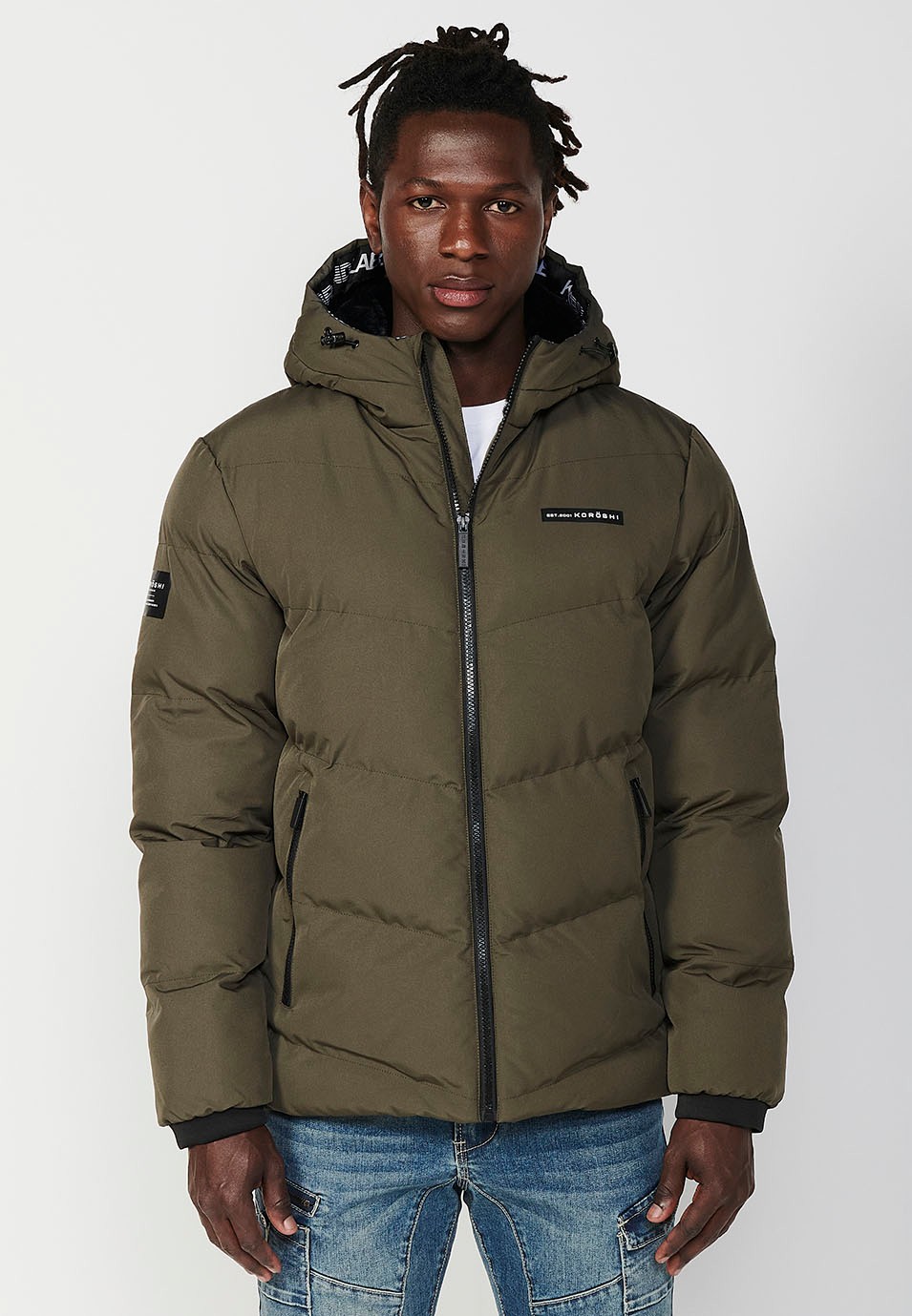 Mens Quilted Jacket with Zip Front Closure and Hooded Collar in Khaki 1