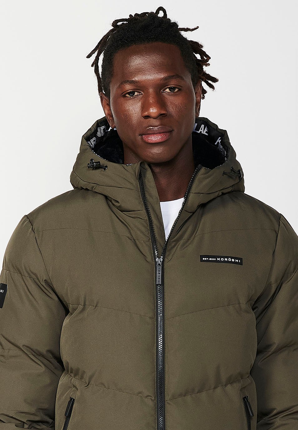 Mens Quilted Jacket with Zip Front Closure and Hooded Collar in Khaki 2