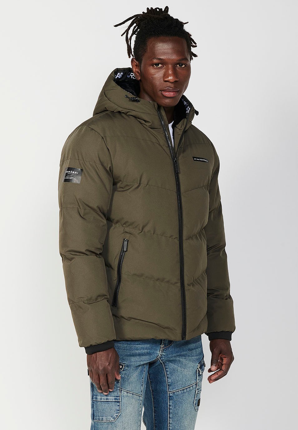 Mens Quilted Jacket with Zip Front Closure and Hooded Collar in Khaki 5