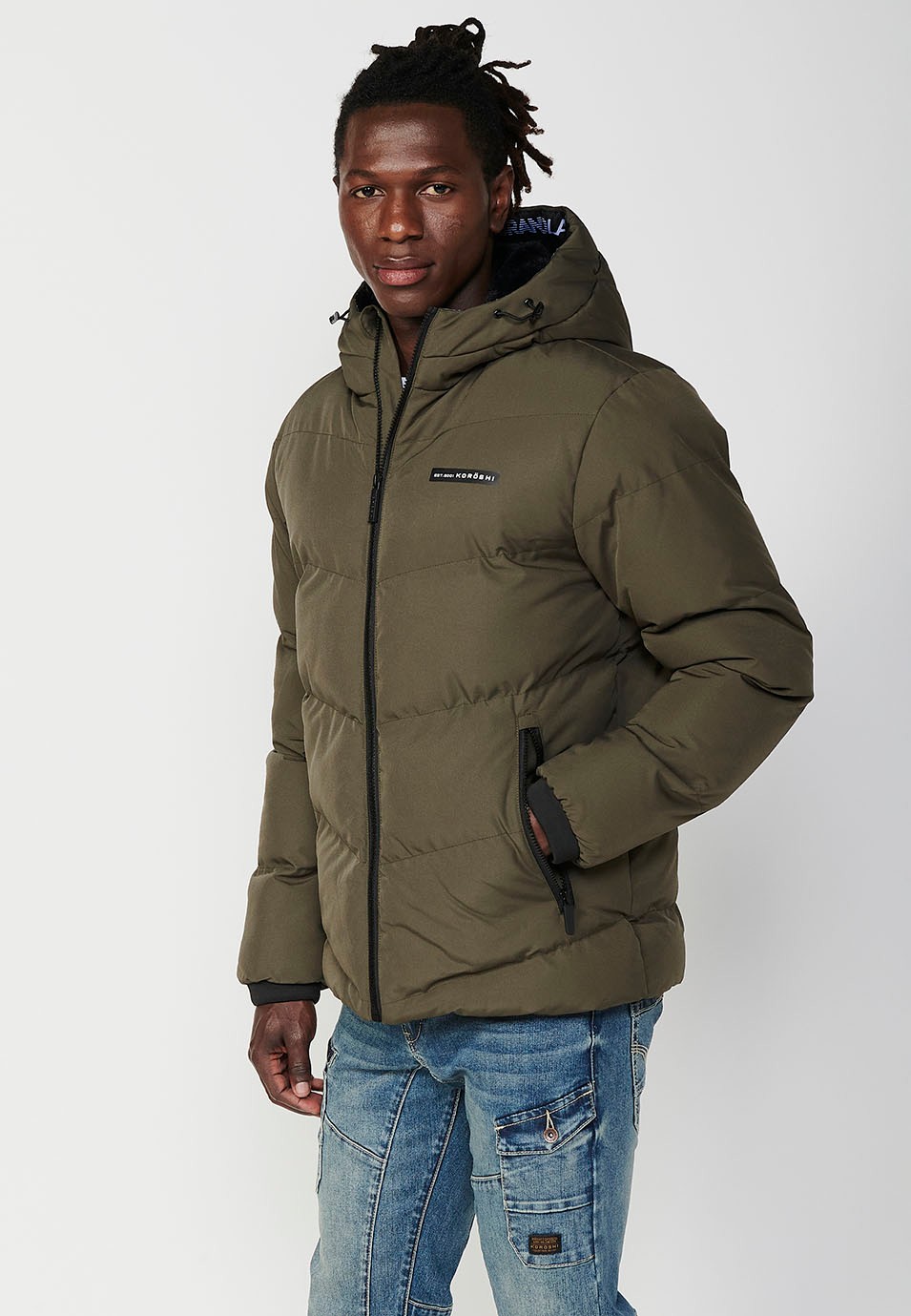 Mens Quilted Jacket with Zip Front Closure and Hooded Collar in Khaki 4