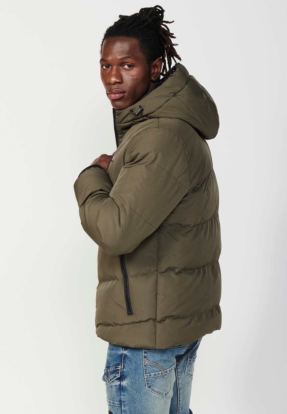 Mens Quilted Jacket with Zip Front Closure and Hooded Collar in Khaki 6