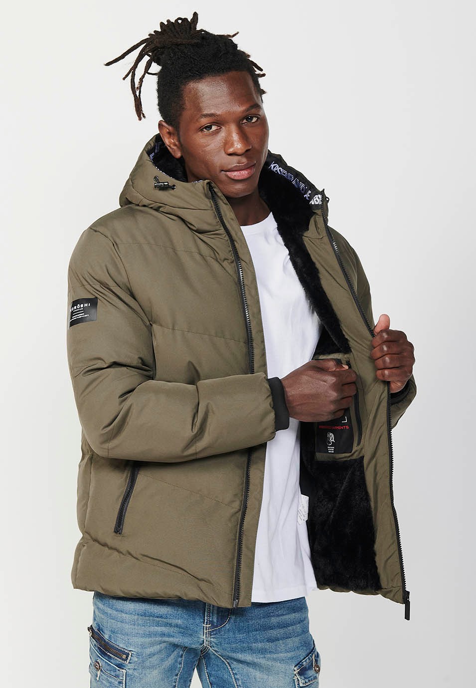 Mens Quilted Jacket with Zip Front Closure and Hooded Collar in Khaki 7