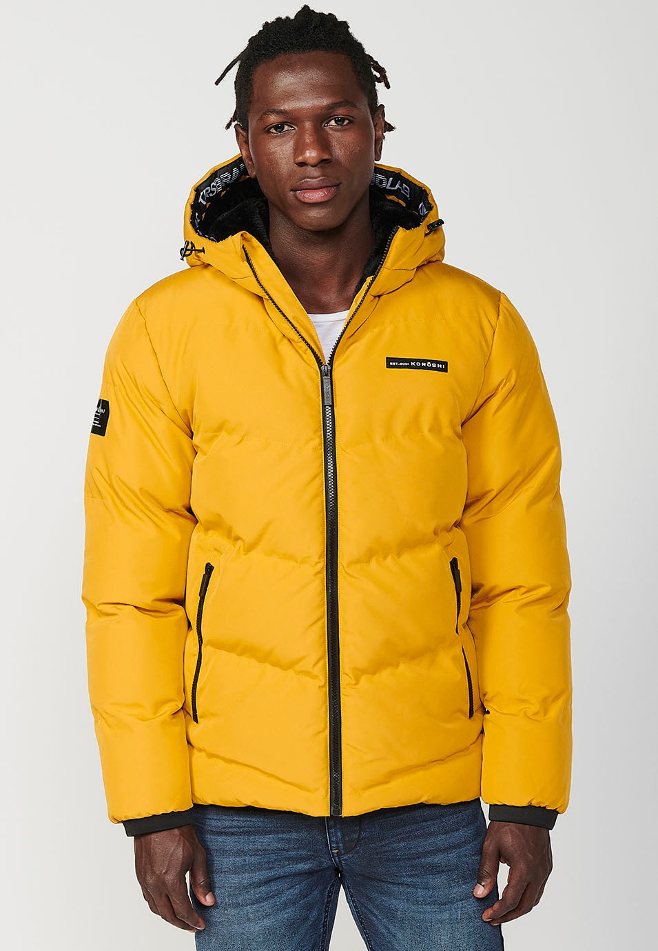 Mens Yellow Quilted Zip Front Hooded Jacket 3