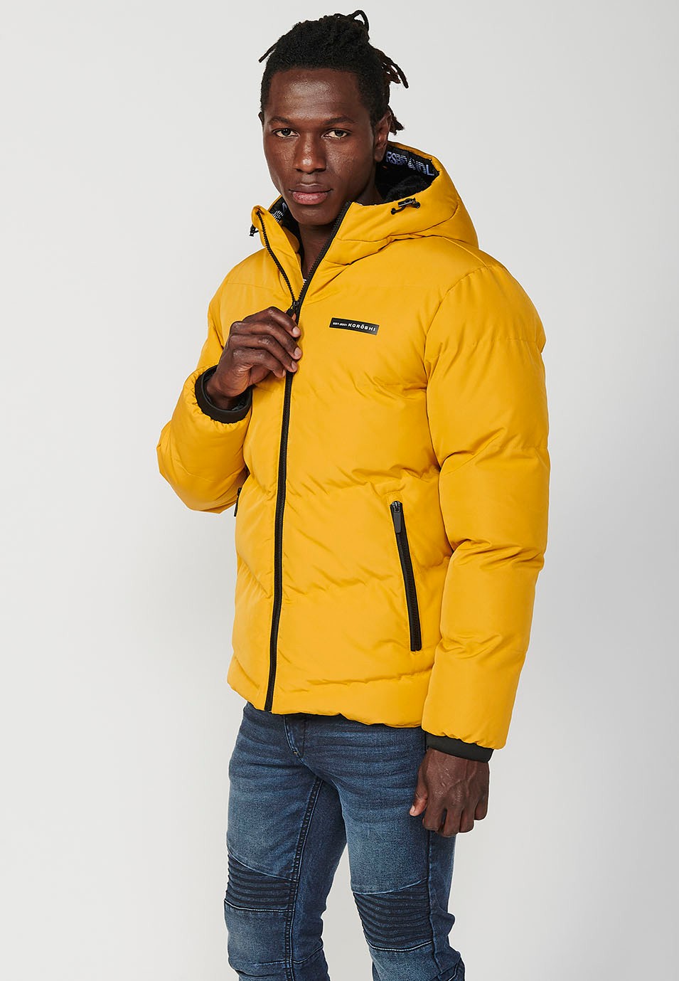 Mens Yellow Quilted Zip Front Hooded Jacket 4