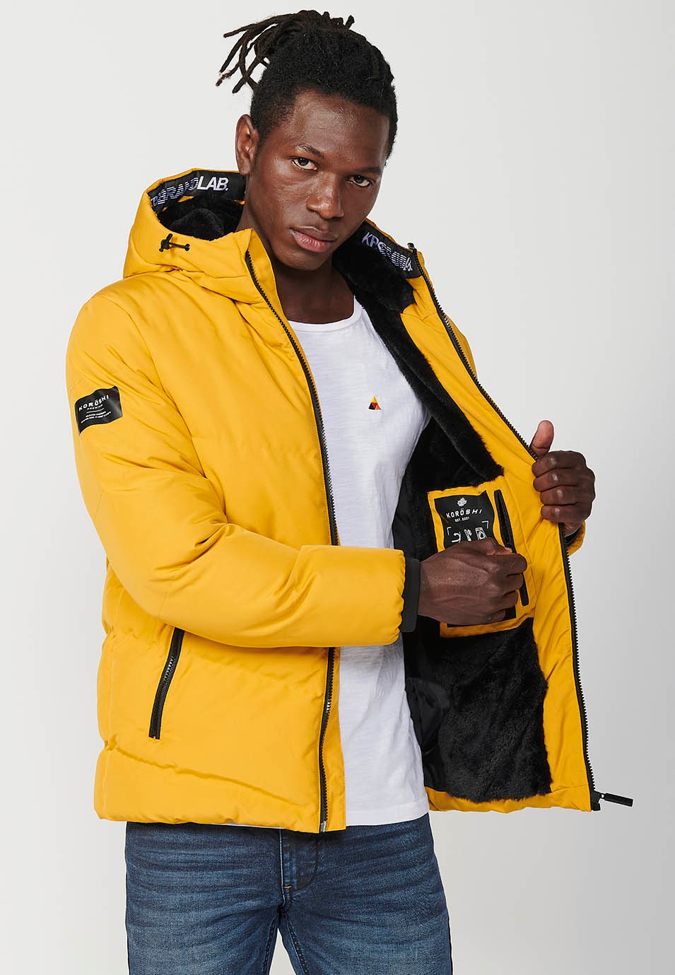 Mens Yellow Quilted Zip Front Hooded Jacket 8