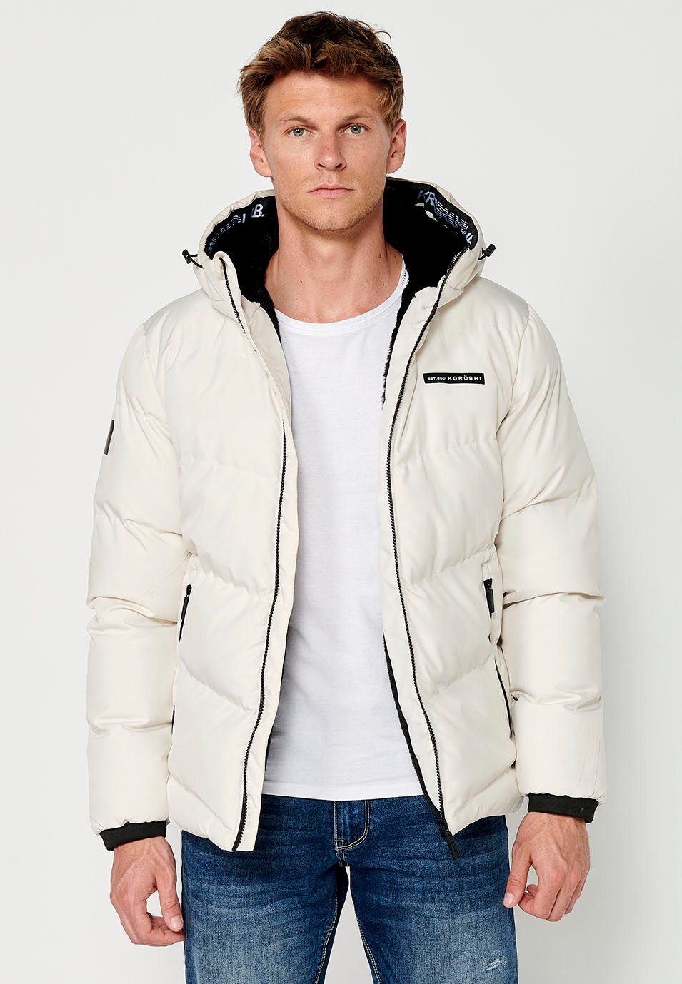 Mens Quilted Zip Front Hooded Jacket in Cream