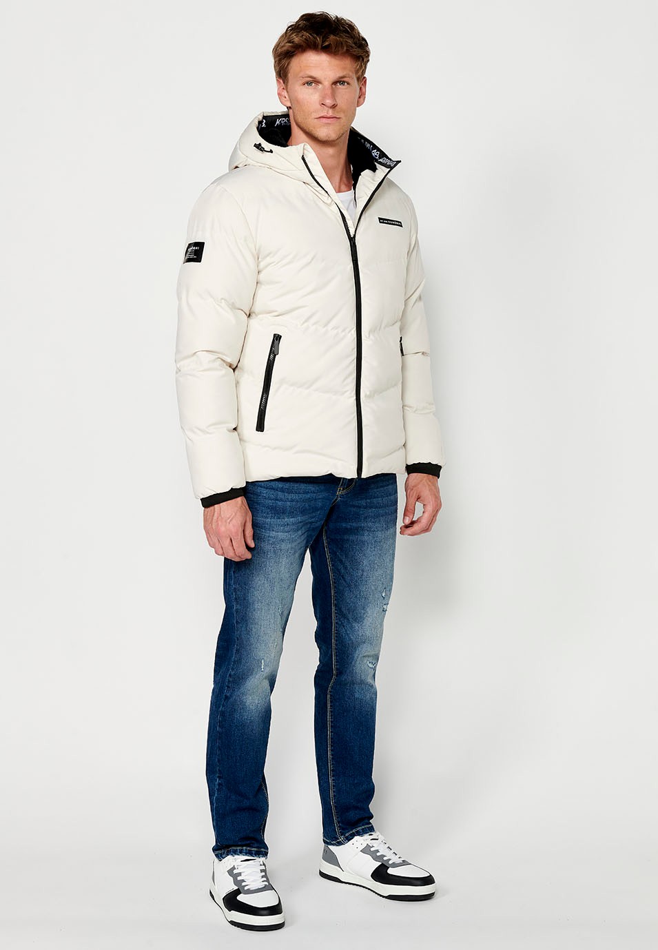 Mens Quilted Zip Front Hooded Jacket in Cream 6