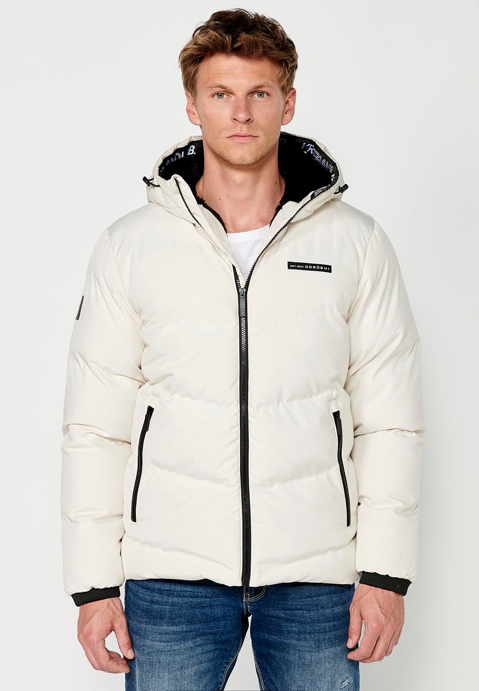 Mens Quilted Zip Front Hooded Jacket in Cream 3