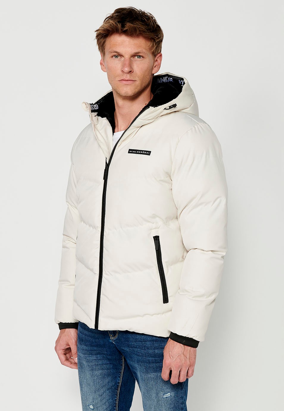 Mens Quilted Zip Front Hooded Jacket in Cream 4