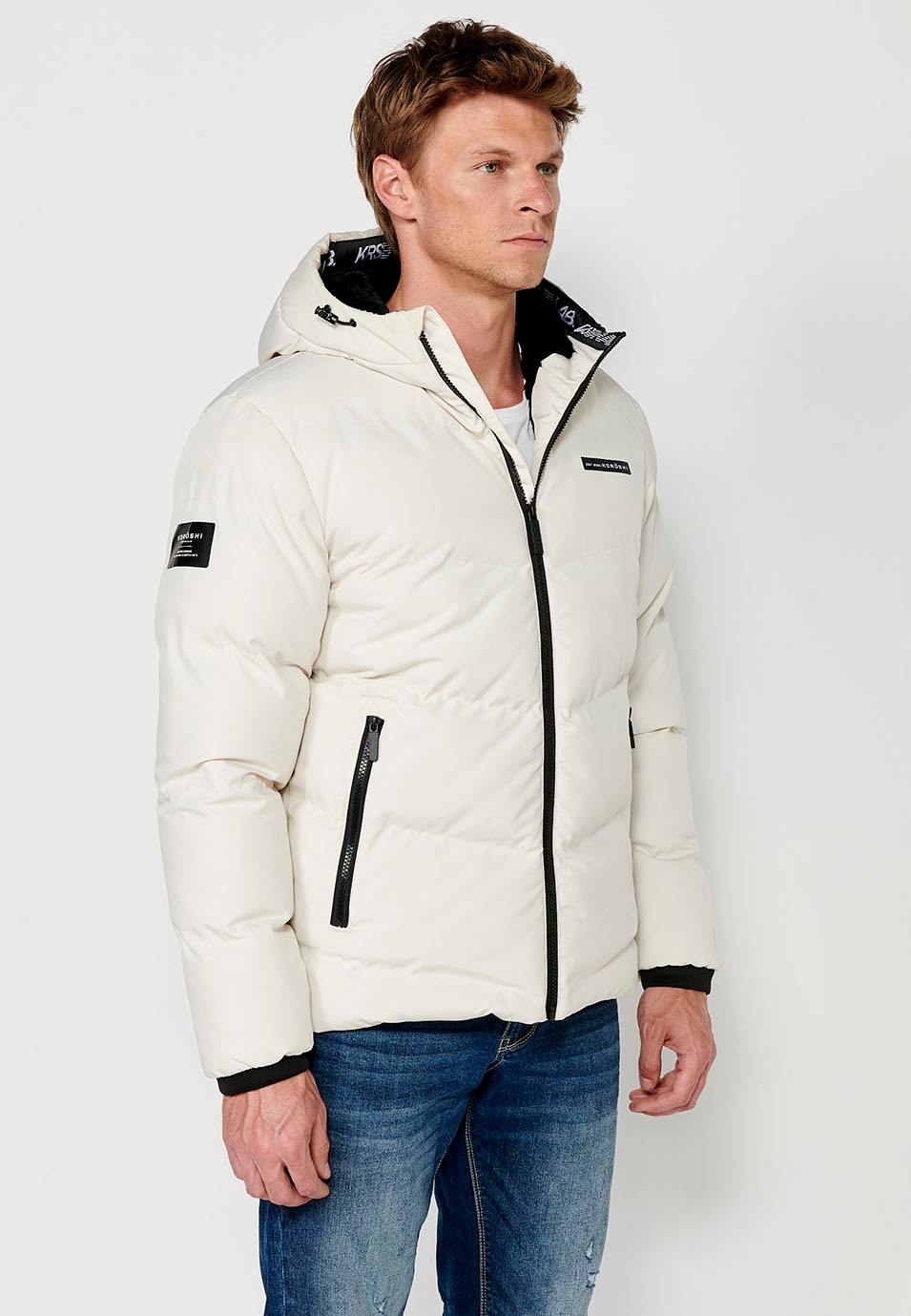 Mens Quilted Zip Front Hooded Jacket in Cream 9