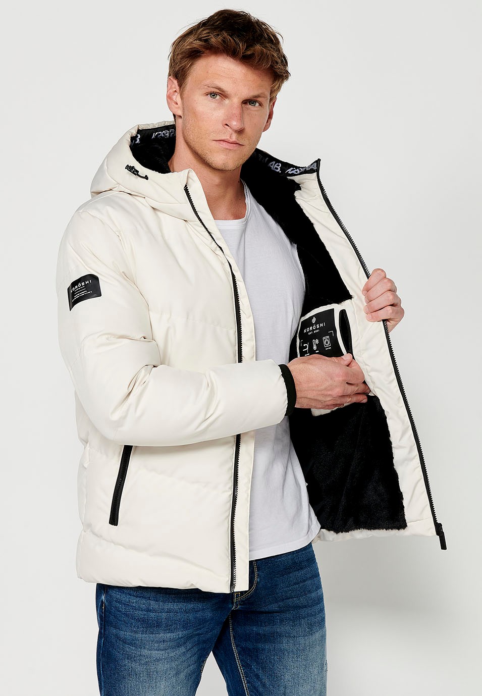 Mens Quilted Zip Front Hooded Jacket in Cream 7