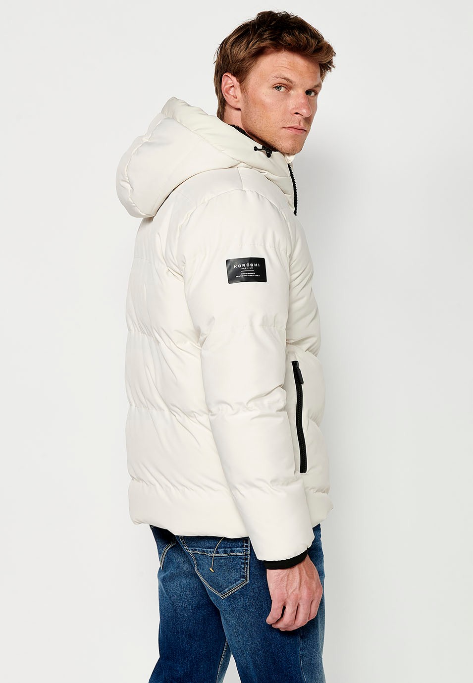 Mens Quilted Zip Front Hooded Jacket in Cream 5