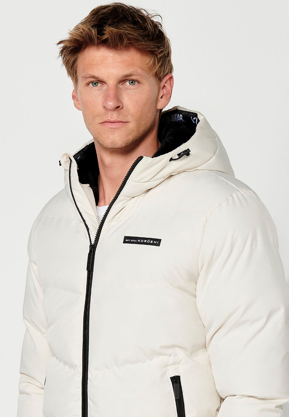 Mens Quilted Zip Front Hooded Jacket in Cream 2