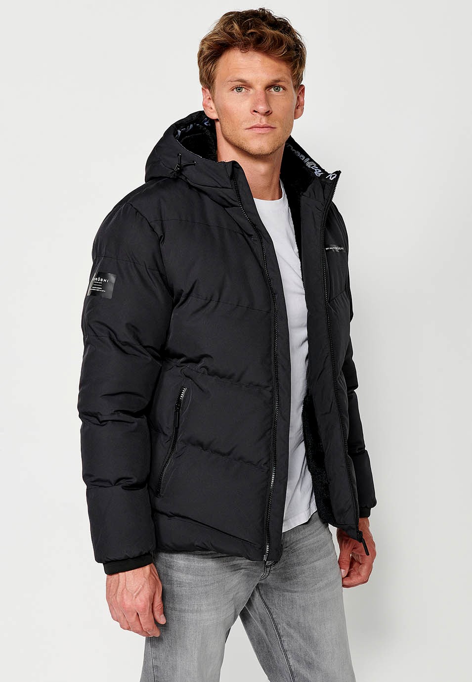 Mens Quilted Jacket with Front Zip Closure and Hooded Collar in Anthracite 7