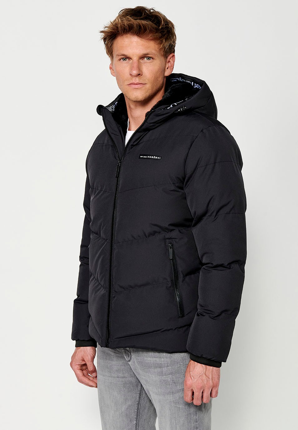 Mens Quilted Jacket with Front Zip Closure and Hooded Collar in Anthracite