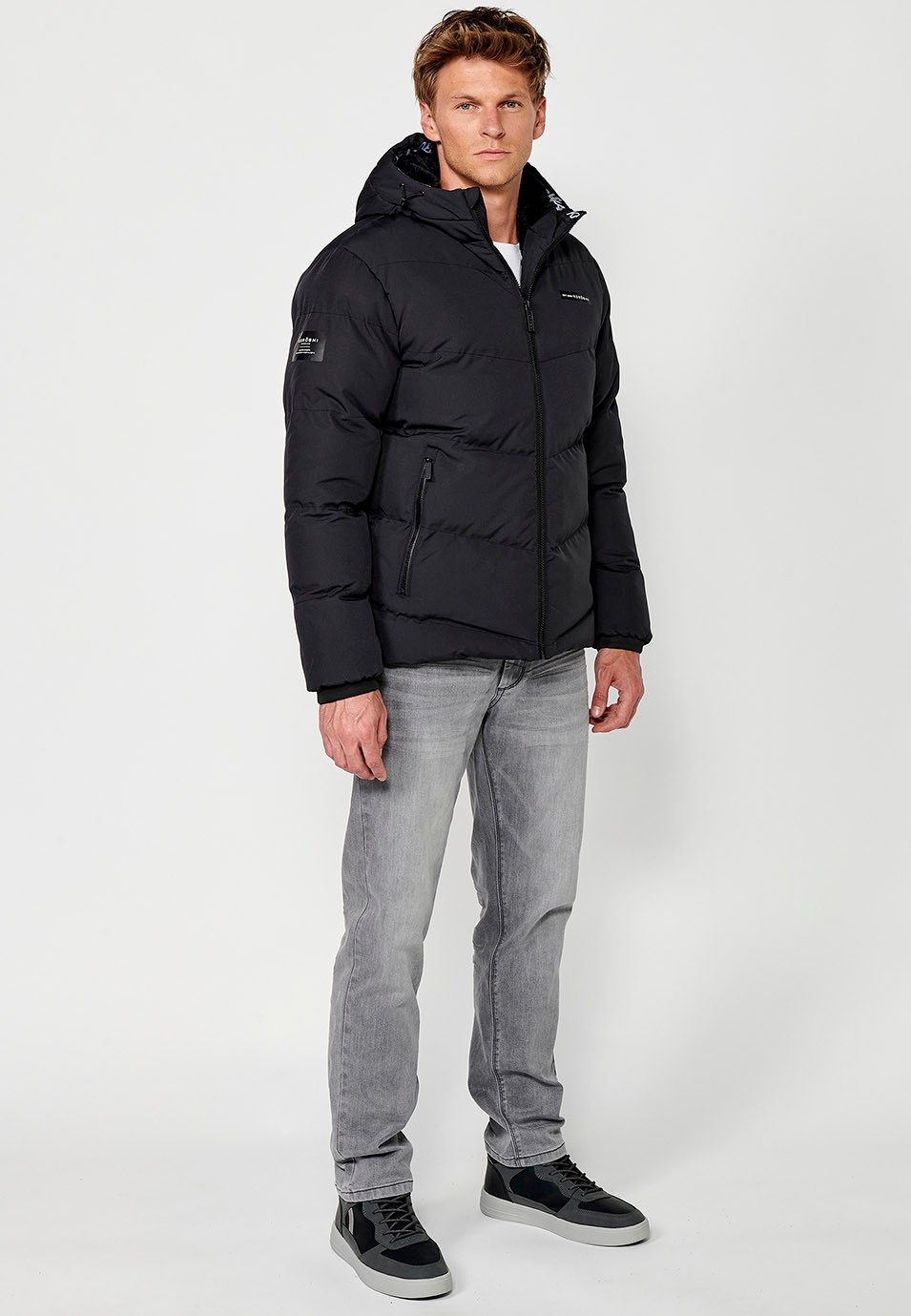 Mens Quilted Jacket with Front Zip Closure and Hooded Collar in Anthracite 1