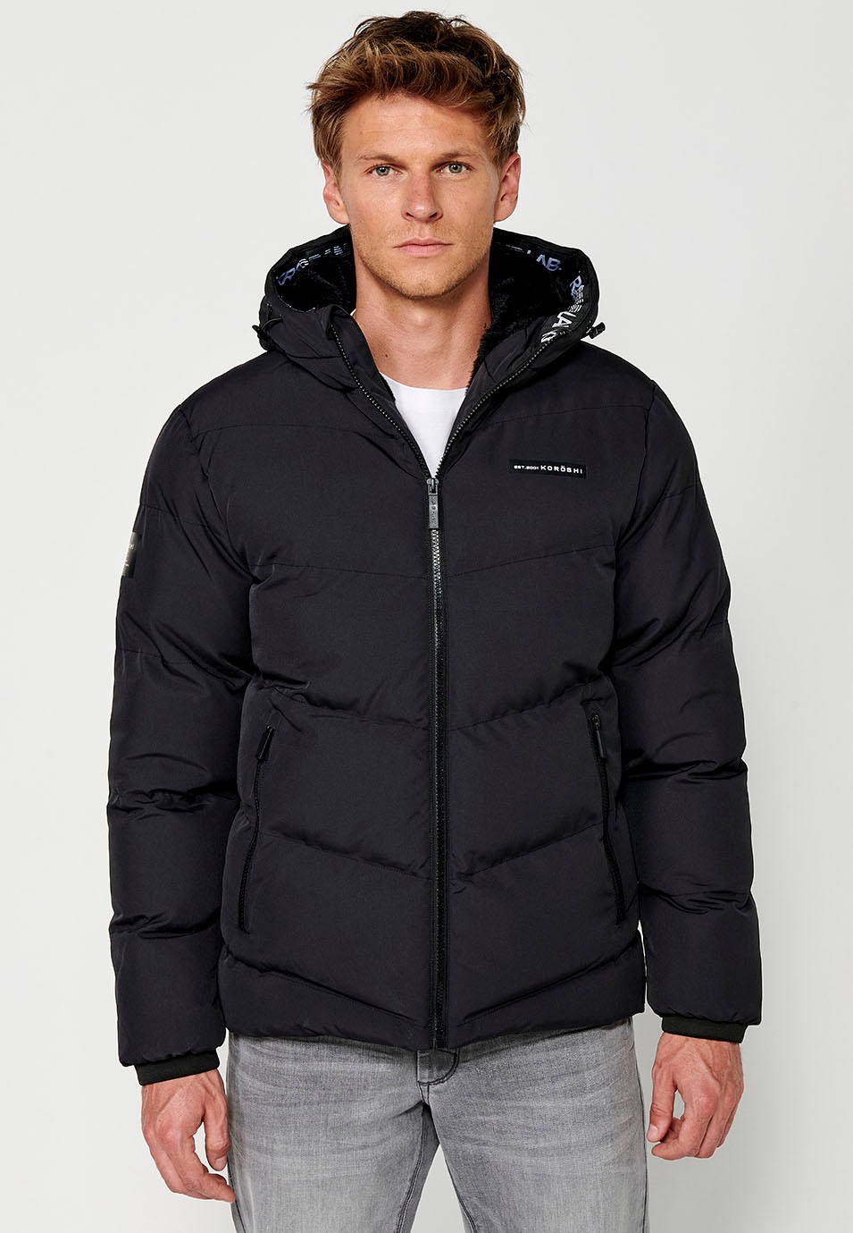 Mens Quilted Jacket with Front Zip Closure and Hooded Collar in Anthracite 2