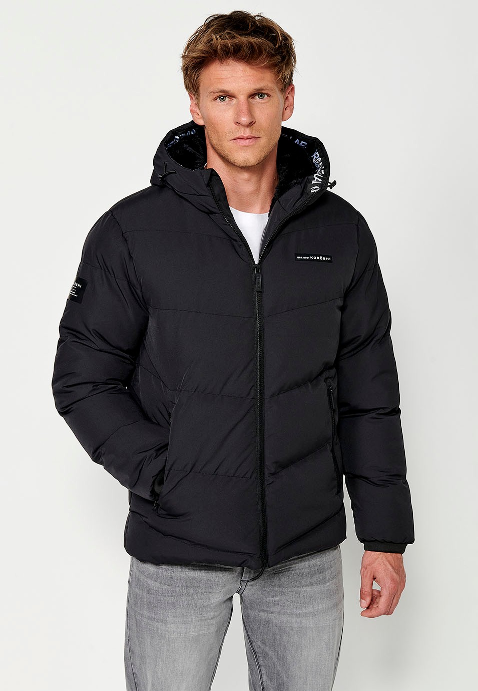 Mens Quilted Jacket with Front Zip Closure and Hooded Collar in Anthracite 3