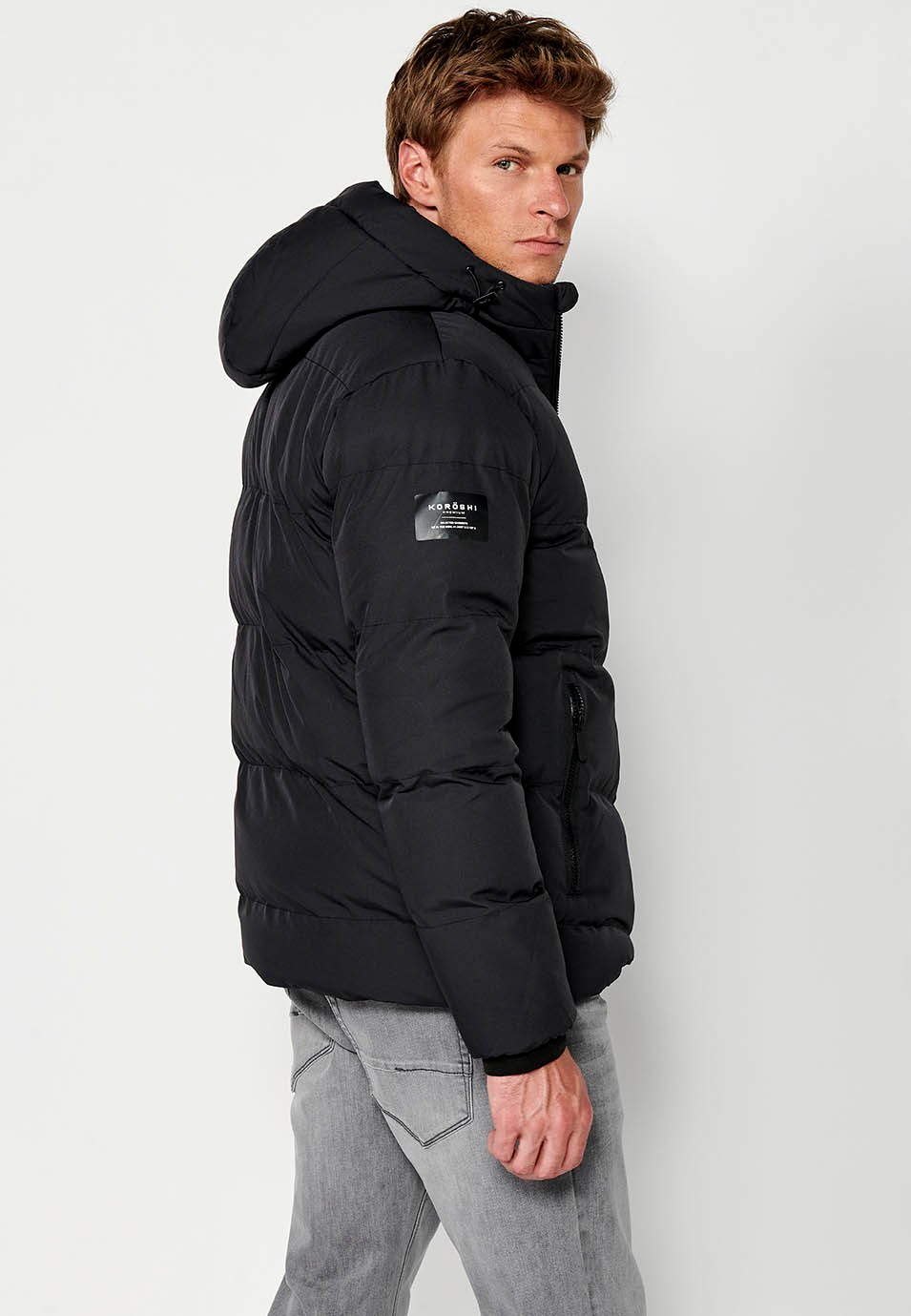 Mens Quilted Jacket with Front Zip Closure and Hooded Collar in Anthracite 6