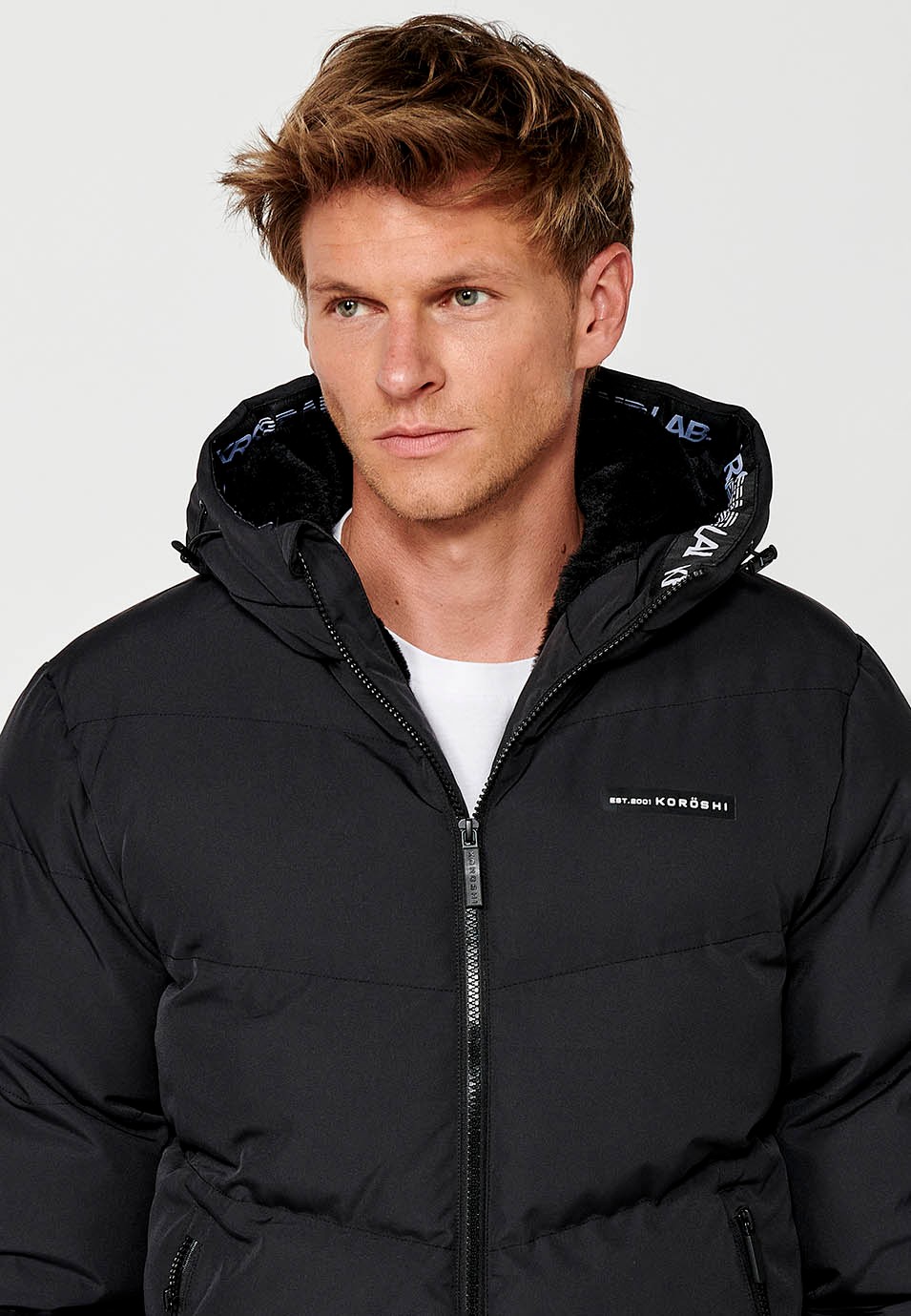 Mens Quilted Jacket with Front Zip Closure and Hooded Collar in Anthracite 5