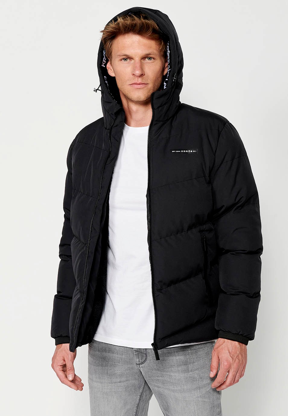 Mens Quilted Jacket with Front Zip Closure and Hooded Collar in Anthracite 9