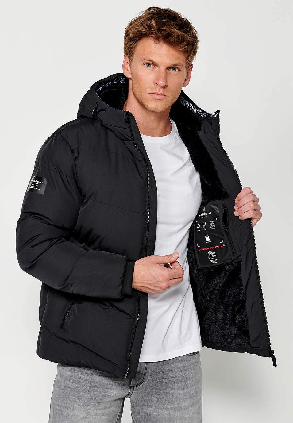 Mens Quilted Jacket with Front Zip Closure and Hooded Collar in Anthracite 8