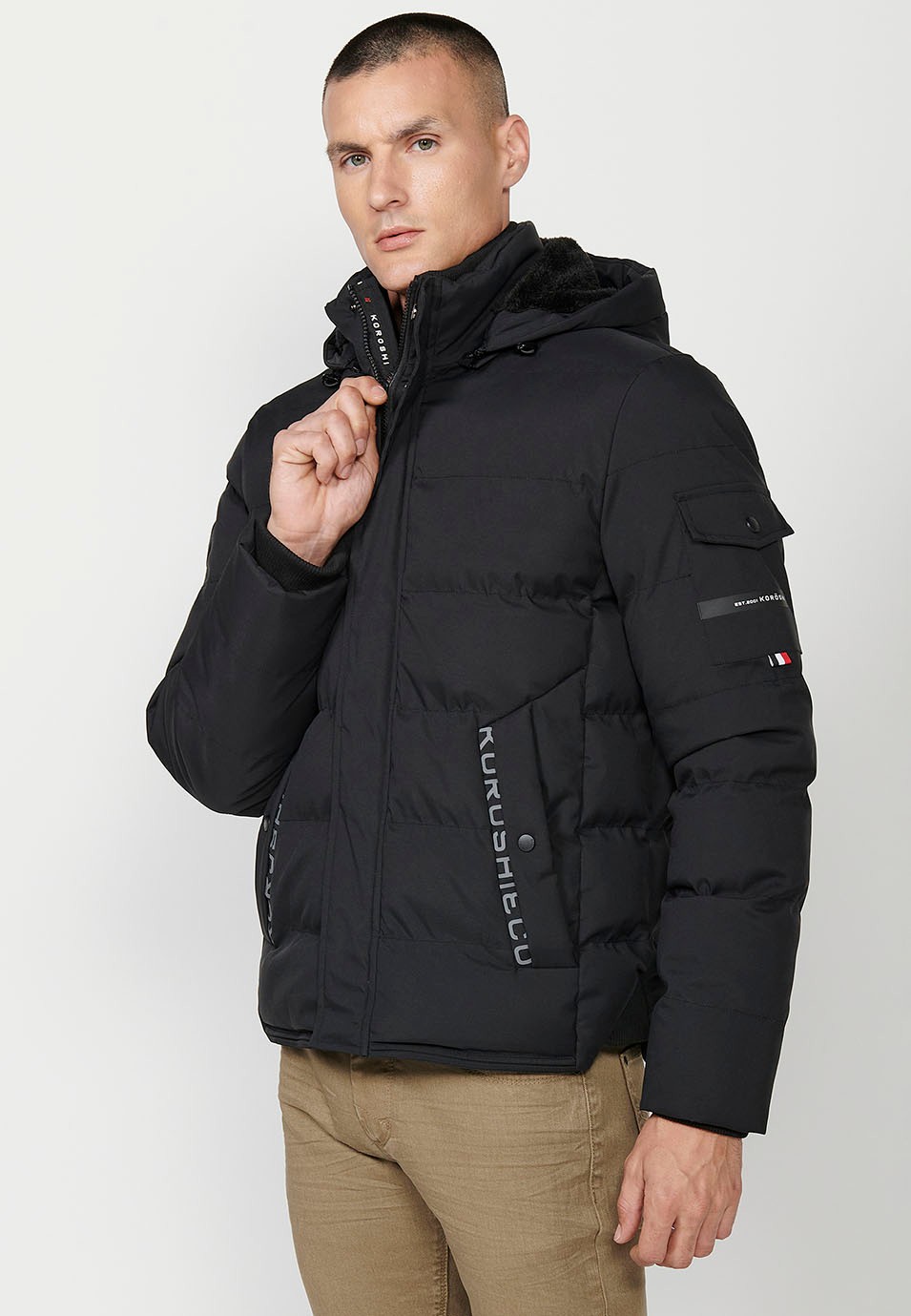 Mens Quilted Hooded Collar Zip Front Zip Jacket with Pockets in Black