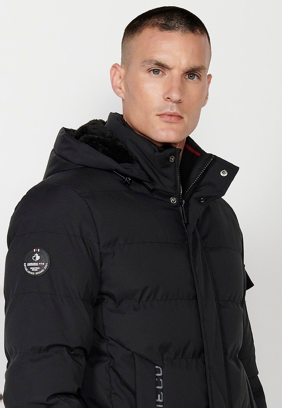 Mens Quilted Hooded Collar Zip Front Zip Jacket with Pockets in Black 2