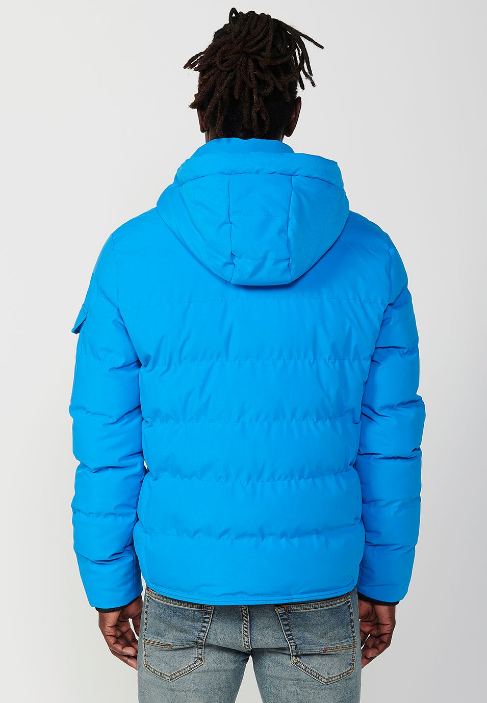 Mens Blue Quilted Hooded Collar Zip Front Closure Jacket with Pockets