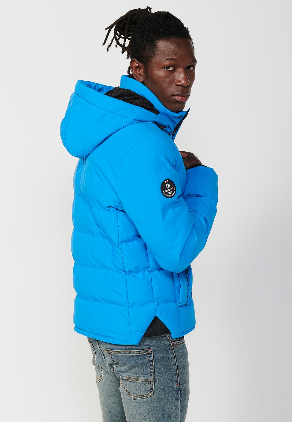 Veste matelassée bleue pour homme avec col et capuche avec fermeture frontale et fermeture éclair avec poches