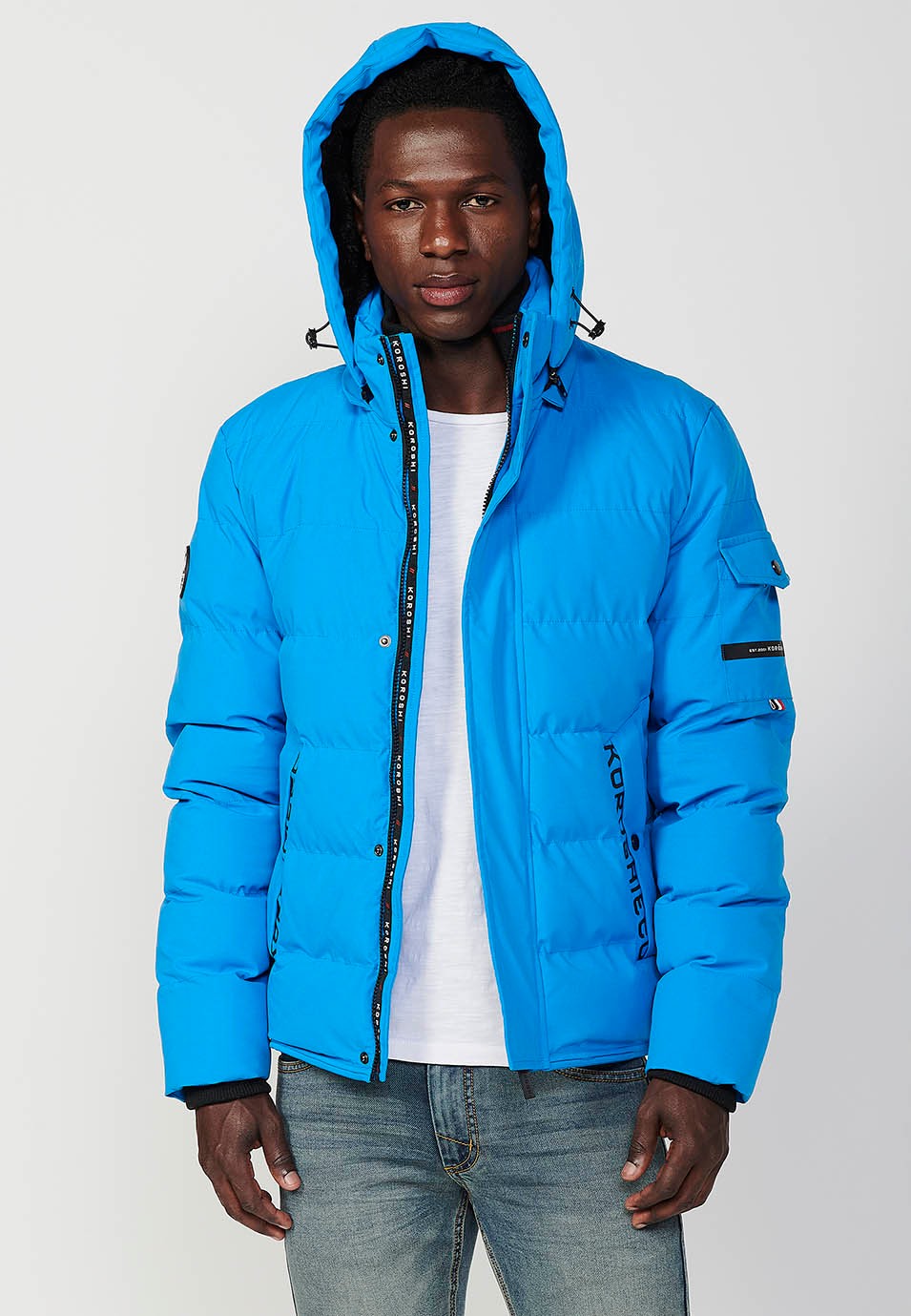 Mens Blue Quilted Hooded Collar Zip Front Closure Jacket with Pockets