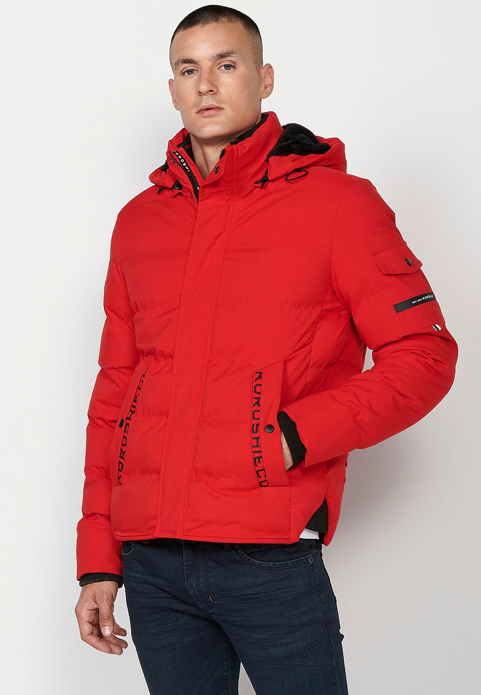 Mens Quilted Hooded Collar Zip Front Closure Jacket with Pockets in Red 2