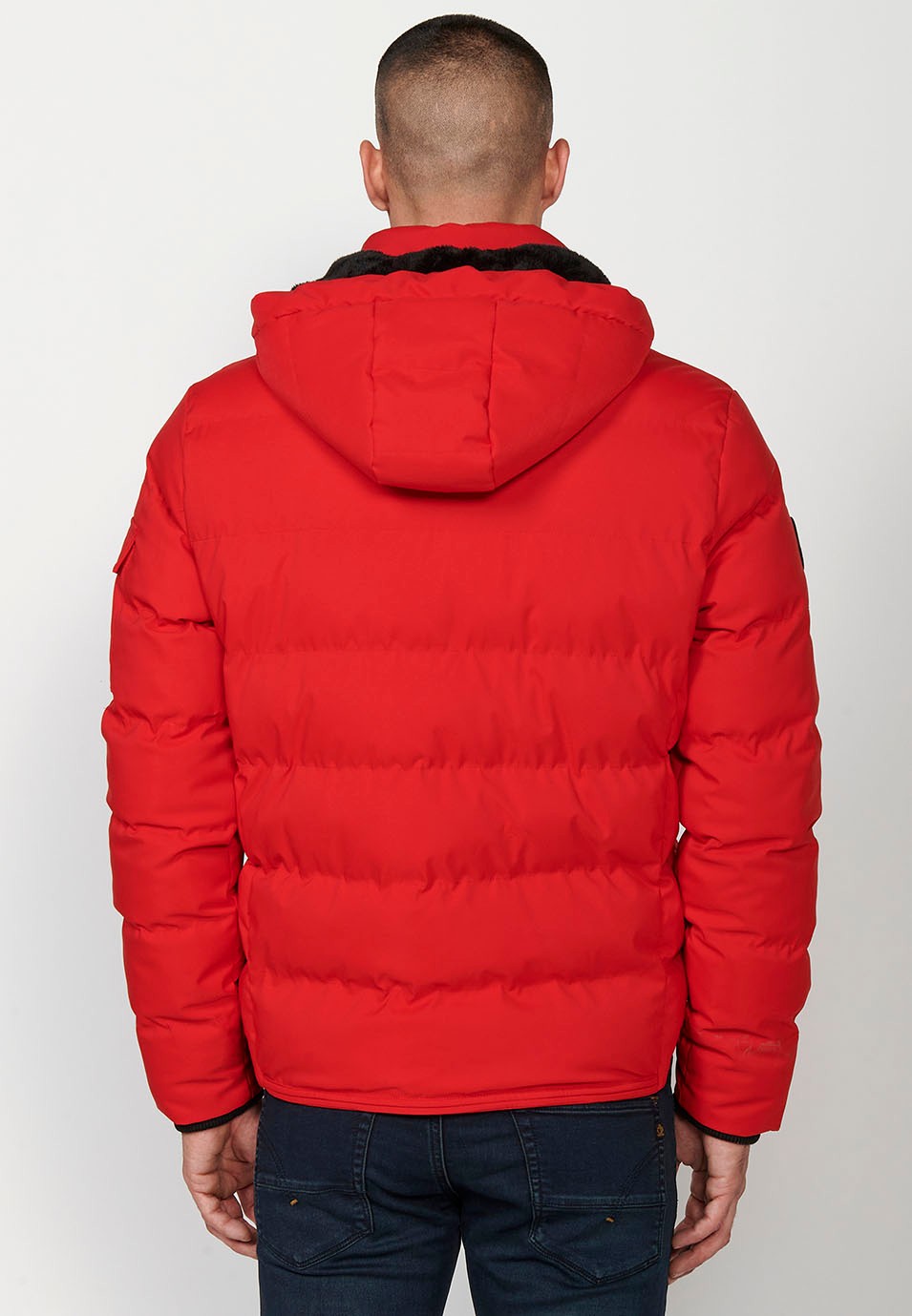 Mens Quilted Hooded Collar Zip Front Closure Jacket with Pockets in Red 1