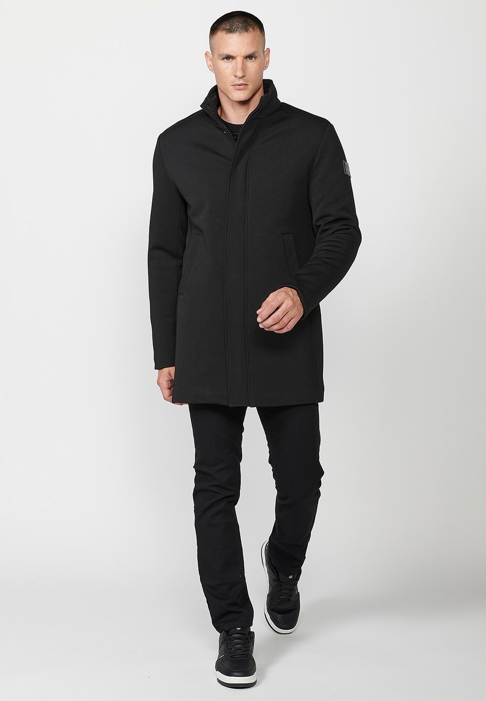 Mens Black Stand Collar Long Coat with Zip Front Closure and Flap