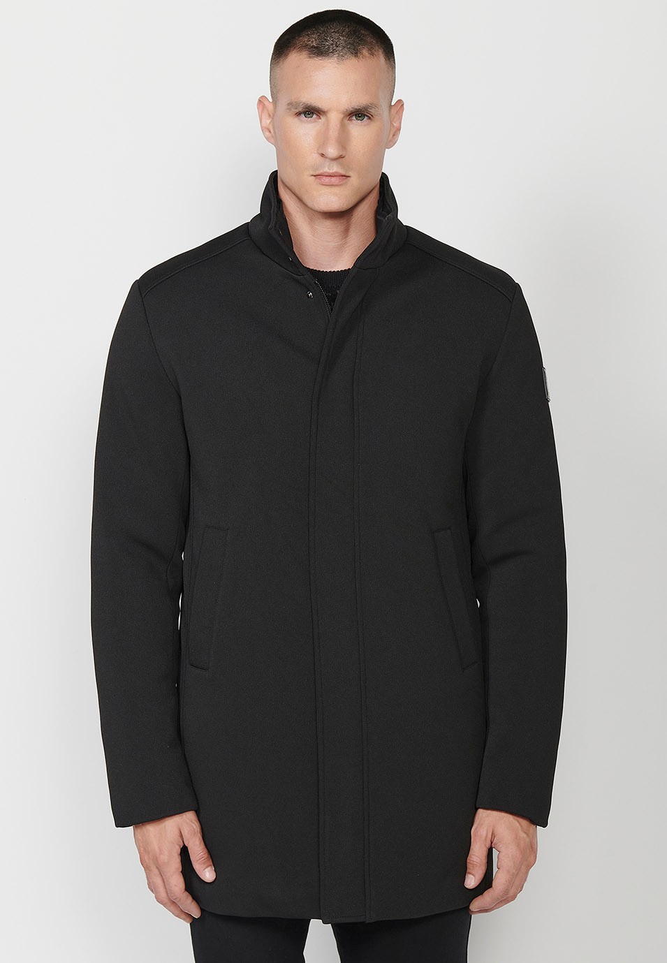 Mens Black Stand Collar Long Coat with Zip Front Closure and Flap 8