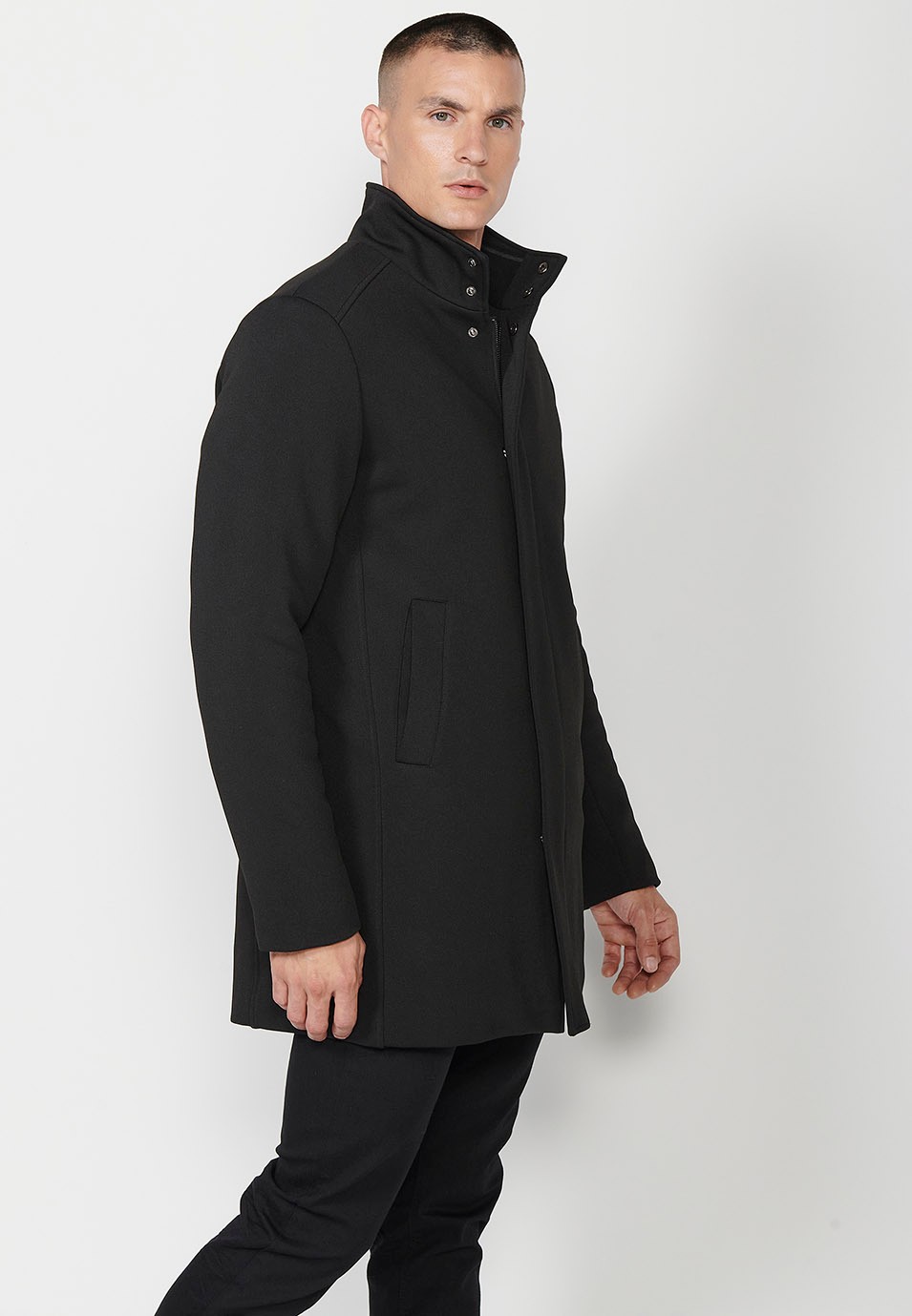 Mens Black Stand Collar Long Coat with Zip Front Closure and Flap 7