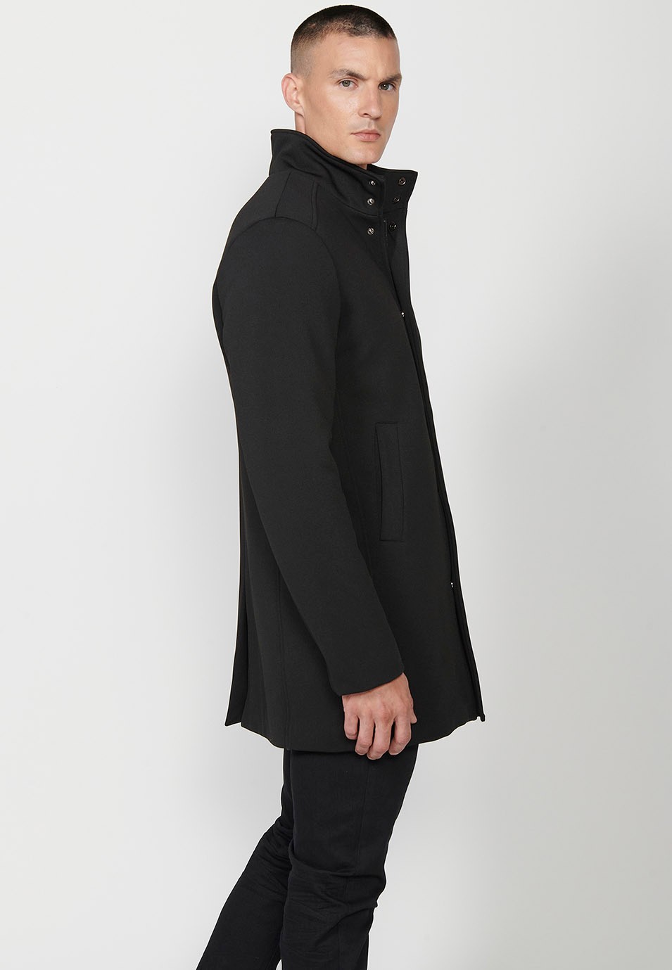 Mens Black Stand Collar Long Coat with Zip Front Closure and Flap 4