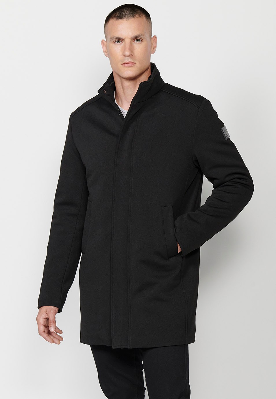 Mens Black Stand Collar Long Coat with Zip Front Closure and Flap 3