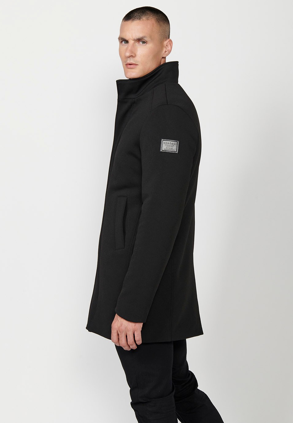 Mens Black Stand Collar Long Coat with Zip Front Closure and Flap 2