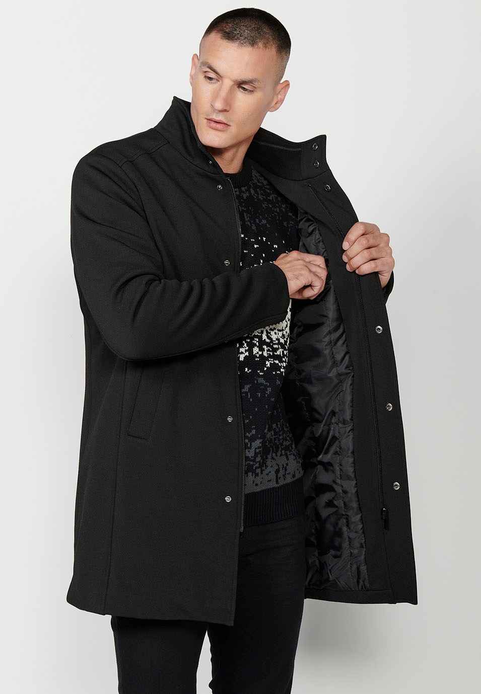 Mens Black Stand Collar Long Coat with Zip Front Closure and Flap 5