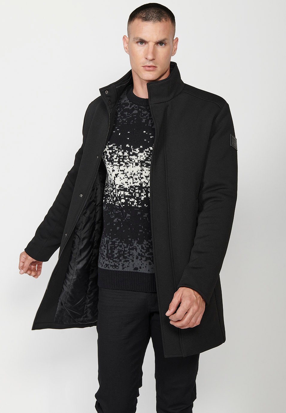 Mens Black Stand Collar Long Coat with Zip Front Closure and Flap 6