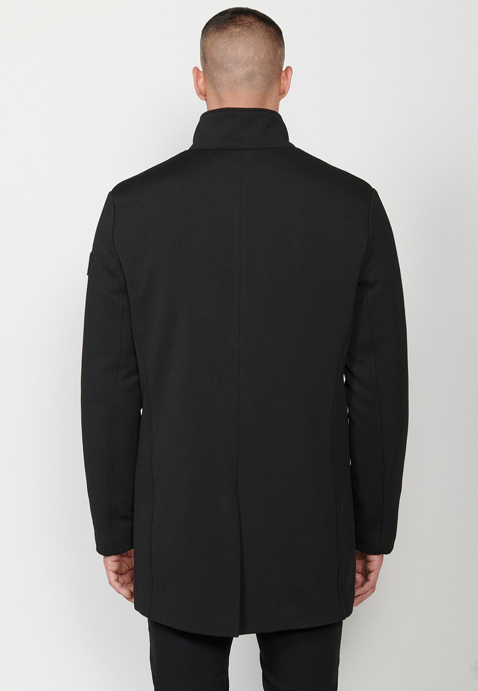 Mens Black Stand Collar Long Coat with Zip Front Closure and Flap 1