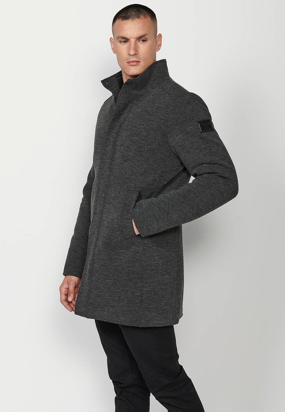 Mens Grey Stand Collar Zip Front Lapel Long Coat 5