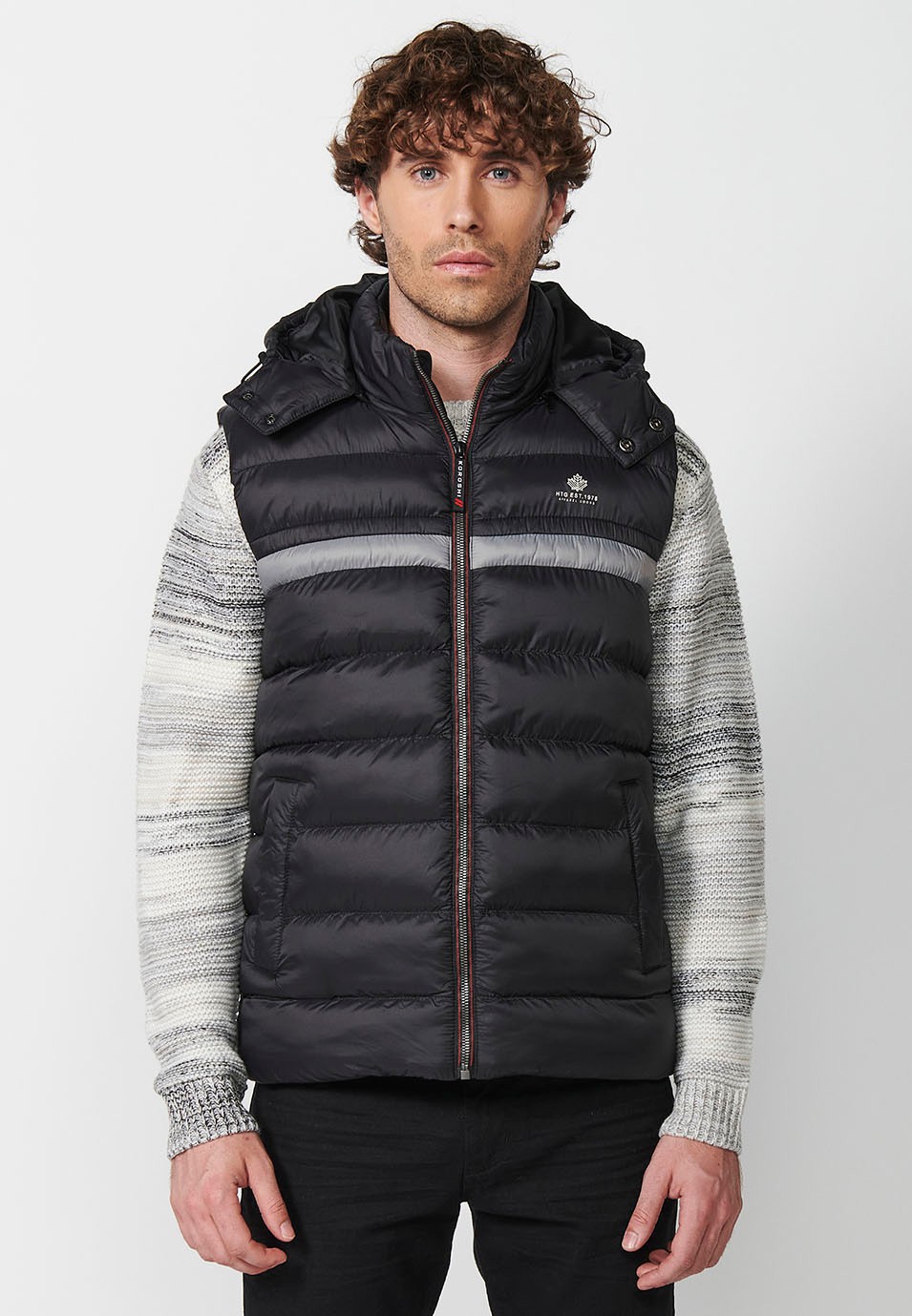 Mens Quilted Vest with Hooded Collar and Front Zip Closure and Pockets in Black